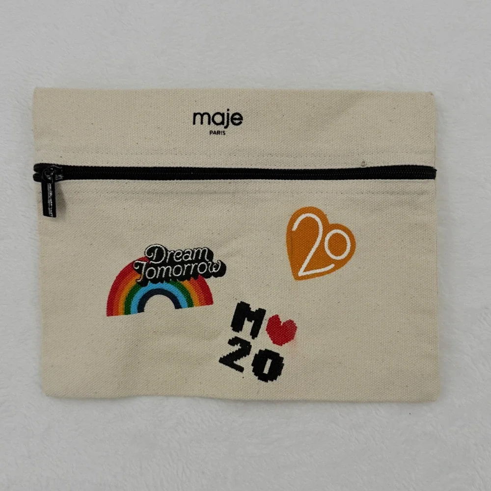 Maje Paris Canvas Zip Pouch - Embroidered Patches Chic French Designer Accessory
